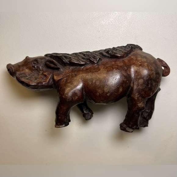 Other - Vintage Hand-Carved Wooden Boar Figurine – Dark Hardwood, Rustic Folk Art, 6”